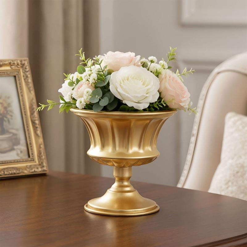 Iron Flower Urn with Fluted Detailing and Wide Raised Base for Wedding Centerpieces and Tabletop Arrangement Displays