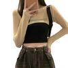 Top da donna con protezione solare, traforato, sottile, protezione solare, trasparente, anti-UV, con vita scoperta, a maniche lunghe, estivo, autunnale, girocollo, corto, lavorato a maglia, corto