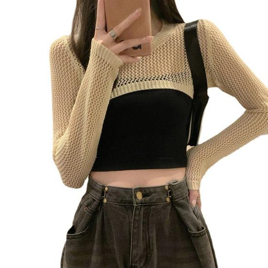 Top da donna con protezione solare, traforato, sottile, protezione solare, trasparente, anti-UV, con vita scoperta, a maniche lunghe, estivo, autunnale, girocollo, corto, lavorato a maglia, corto