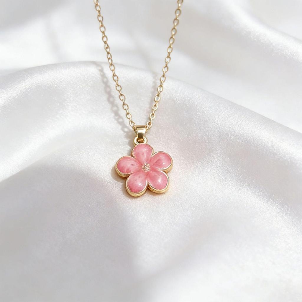 Hyuna-Style Sakura Enamel Alloy Pendant Necklace