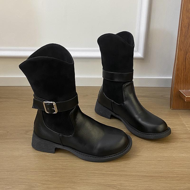 Autumn and winter fashion new retro color matching belt buckle imitation leather Martin boots round head thick sole thick heel short boots thin b