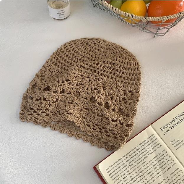 Fashion Handwoven Hollow Baotou Hat Women'S Crochet Ethnic Style Tassel Ear Protector Strap Sleeve Knitted Hat