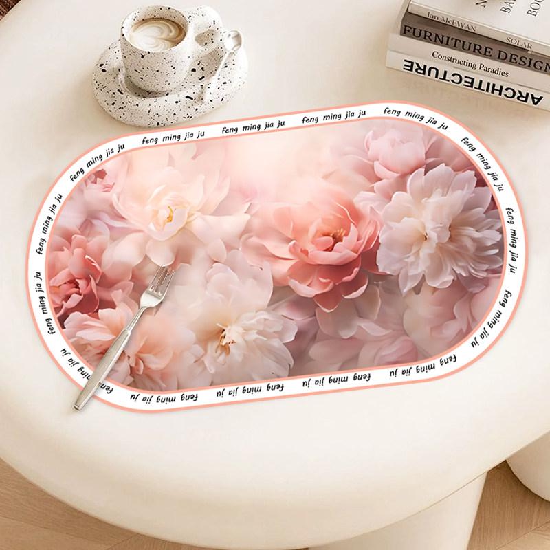 Oval Soft Pink Peony Placemat Floral Frame Print Waterproof Non Slip Heat Resistant Dining Desk Decor Pad Kitchen Mat