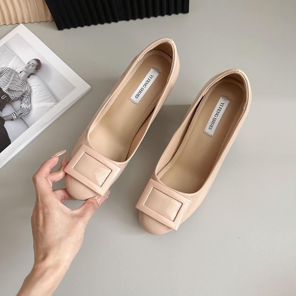 Nude thick heel plus inner increase of 9 cm classic paint buckle temperament light mouth patent leather thick high heel single shoes women