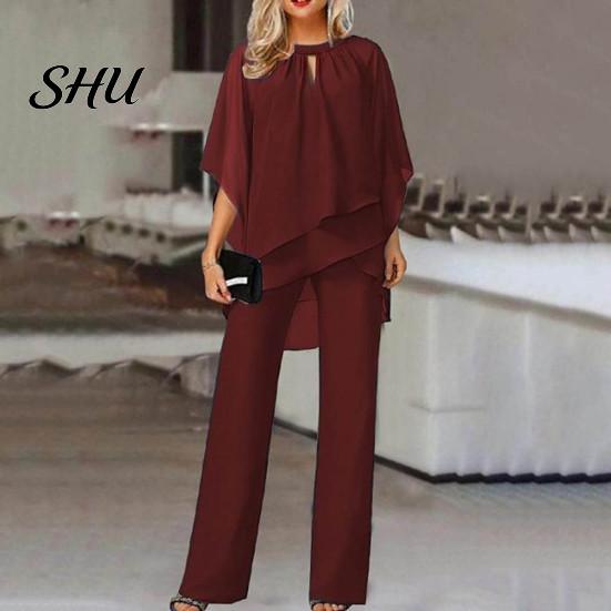 Solid Color Two-piece Suit 2 Pcs/Set Women Top Pants Set Hollow Out Half Sleeve O Neck Irregular Half-sleeve And Trousers Layered Hem Wide Leg