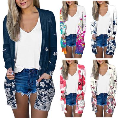 Women's Fashion Loose Casual Pocket Print Long Sleeve Cardigan Jacket Tops