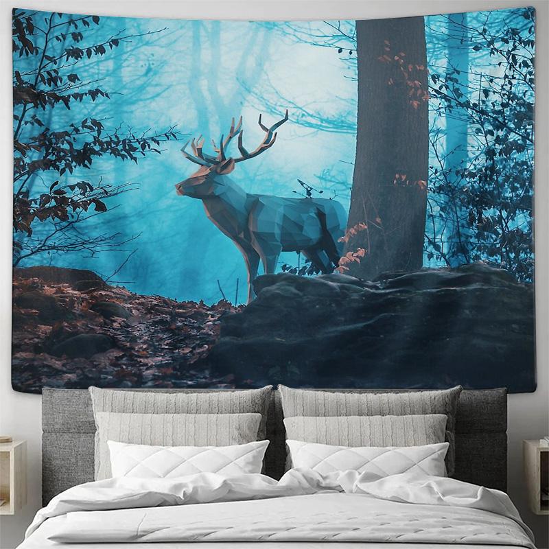 Hirschwald Wandteppich Natur Wandbehang Waldtier Heimdeko Berglandschaft Raumteiler Ästhetische Schlafsaal Kunst