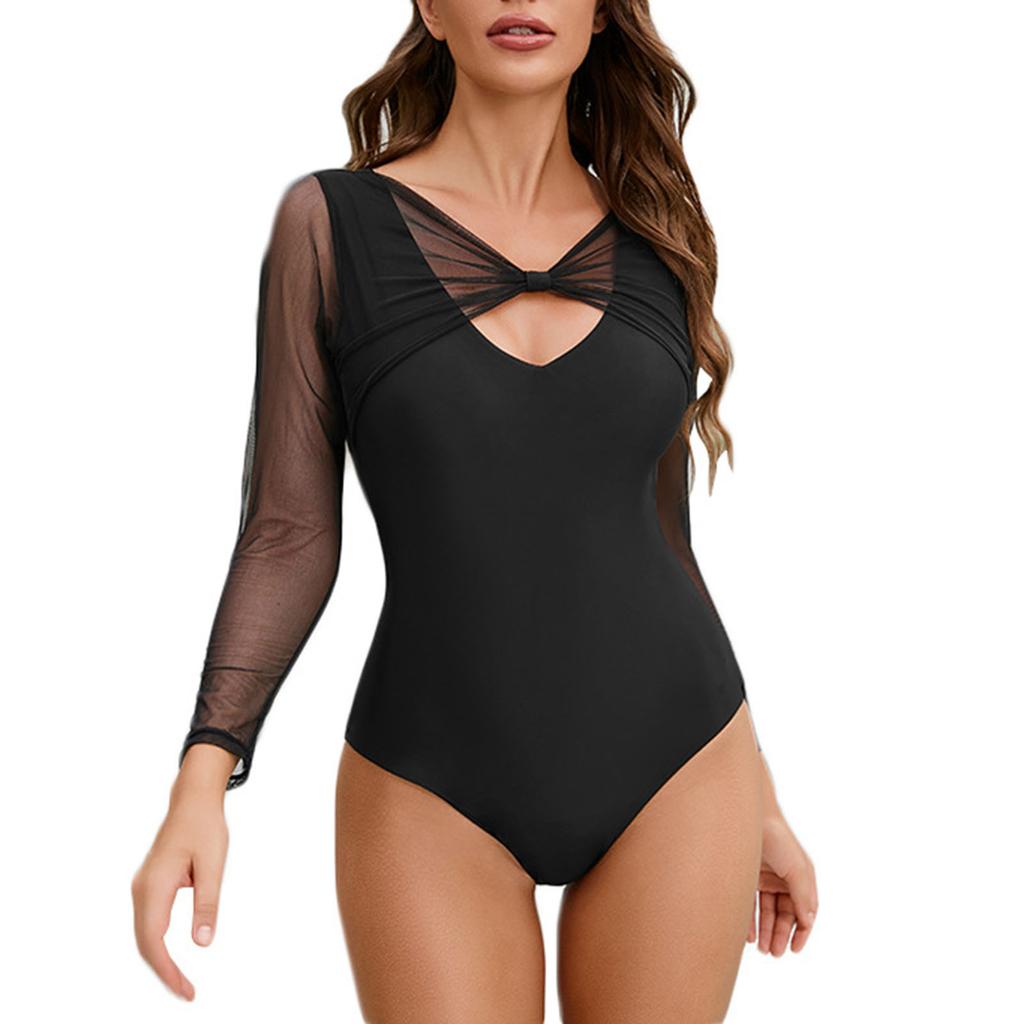 Women's Sexy A Piece Of Bathing Set Color Matching Swimsuit Long Sleeve Mesh Hollow Splicing Swimsuits Mesh Swimwear