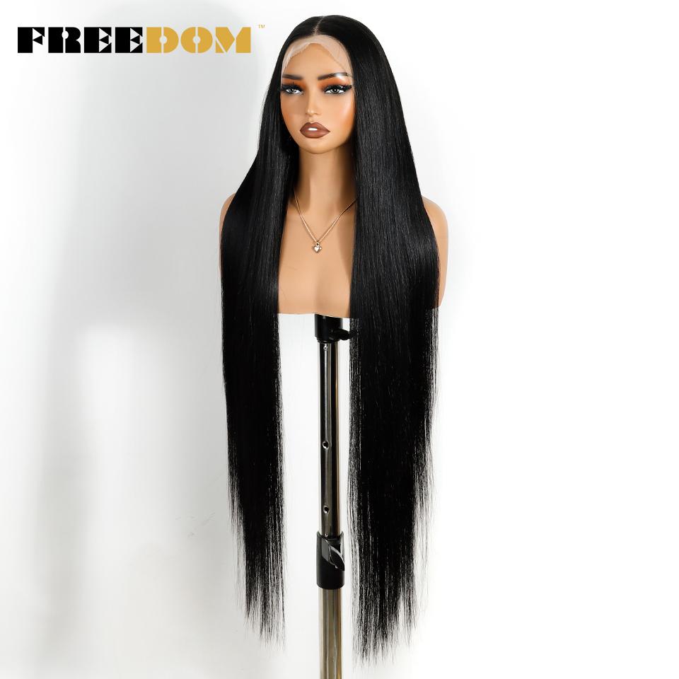 FREEDOM Long Straight Synthetic Lace Front Wigs For Women 38 Inch Soft 13X4 Free Part Black Hair Lace Frontal Wig Pre Plucked