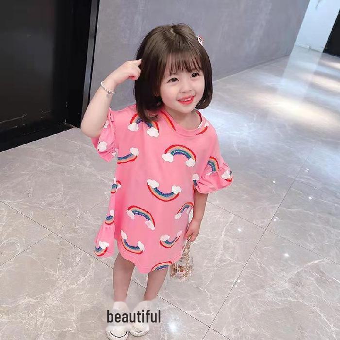 

Корейское радужное платье-футболка для девочек 2021 года - Милая летняя юбка средней длины 110 cm