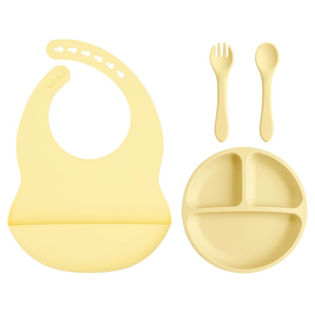 Color Kids 4PCS Baby Silicone Feeding Set Suction Plate BPA Free Waterproof Bib Portable Spoon Fork Toddler Training Tableware