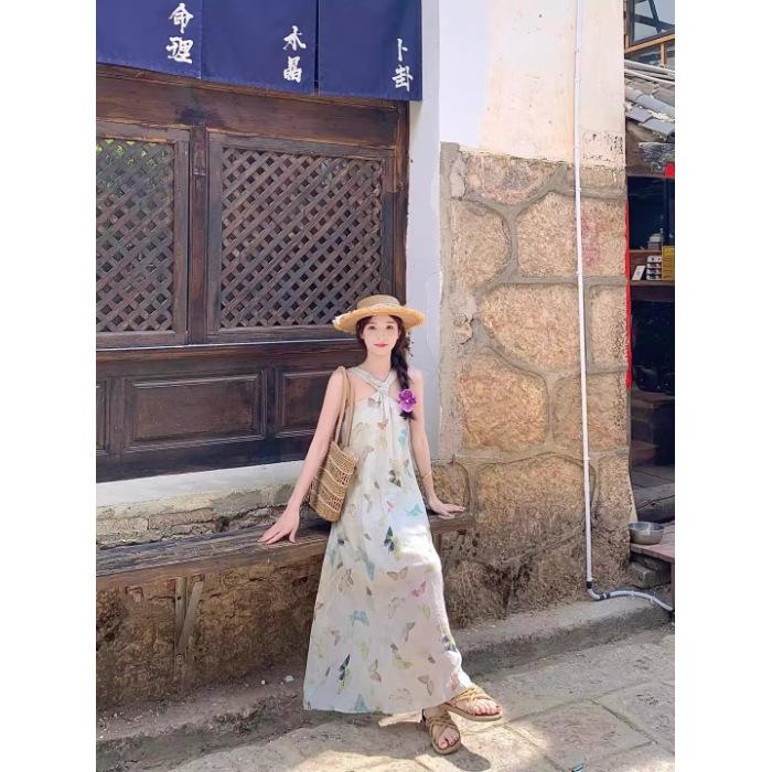 Coffee Break French Gentle Wind Neck Dress Seaside Holiday Design Niche Butterfly Printing Pure Desire Beach Dress S
