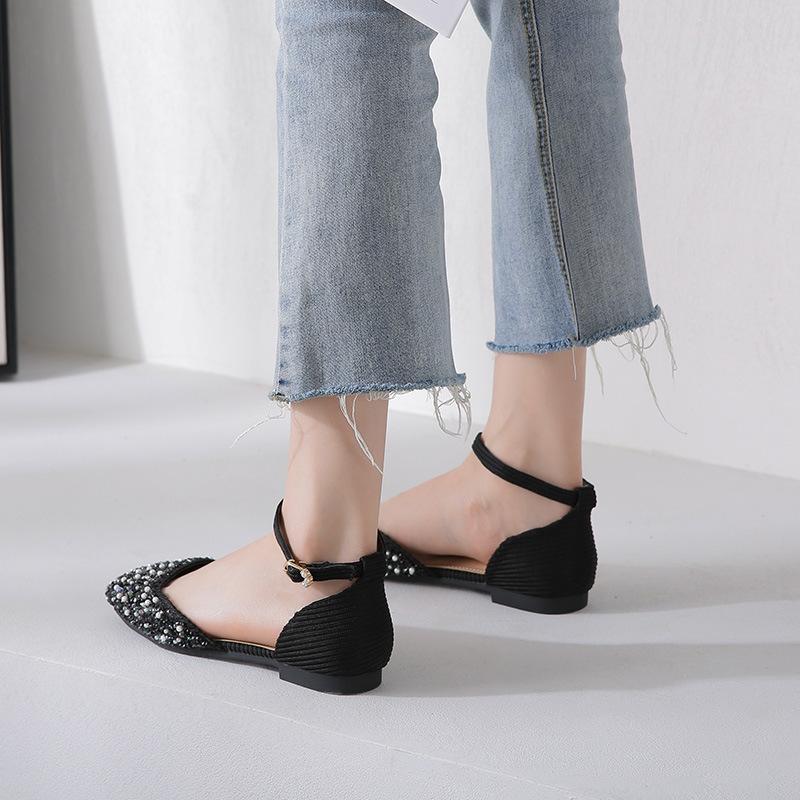 Mode Glitter Kristall Pärlstav Sandaler Kvinna Flats D'orsay Skor Damer Ankelrem Sandaletter Femme Cover Klackar Sandaler Bröllop