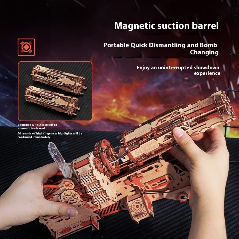 Handmade Diy Wooden Assembly Model Flame Storm Gatling Toy Rotatable Rubber Band Gun Children'S Assembly Toy Model