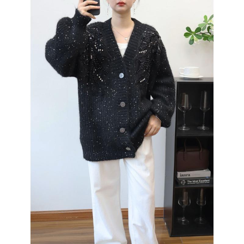 

Новый кардиган средней длины и длинный вязаный осенне-зимний, свободный свитер-жакет с дизайном из пайеток и бусин для женщин one size fits all чёрный