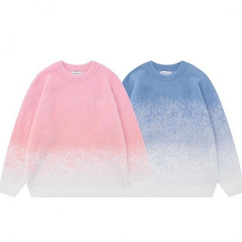 Men's High-End Gradient Color Sweater - Velvet, Round Neck, Long Sleeve Knit Pullover for Autumn/Winter.