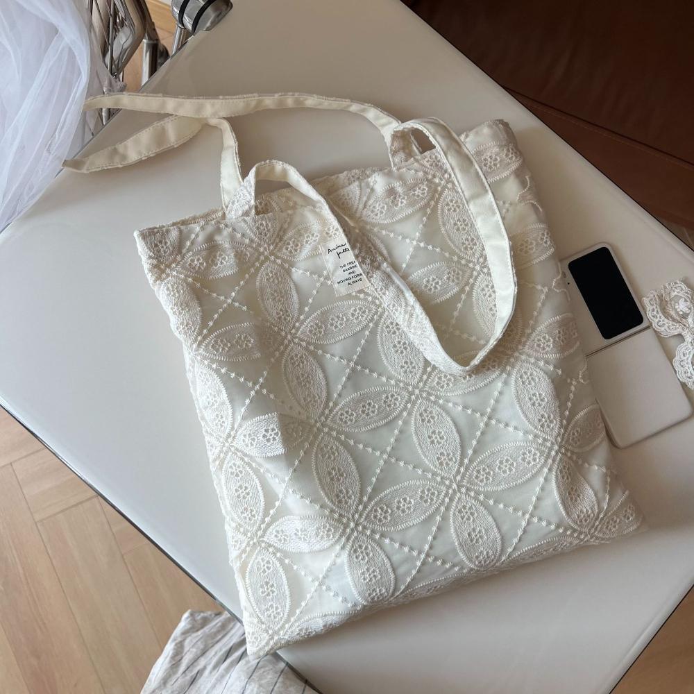 Women Large Capacity Canvas Shoulder Bag Lace Floral Embroidered Tote Bag Reusable Shopping Bag Women Purses and Handbags