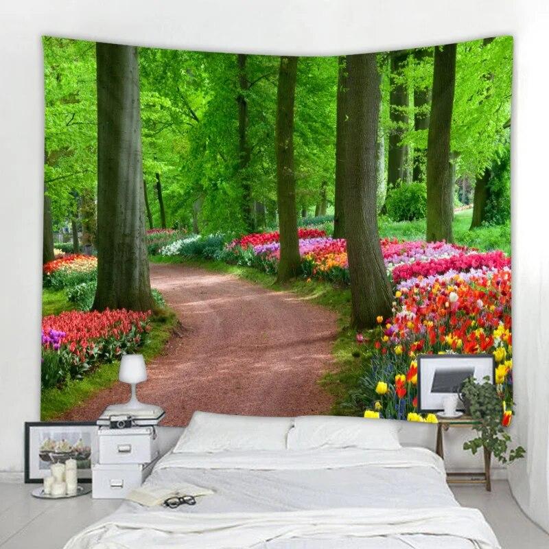 Naturlig väggtapet Mandala Trädgård Landskap Bohemisk rumsinredning Psykedelisk Tapiz Hippie Sovrum Tygmatta