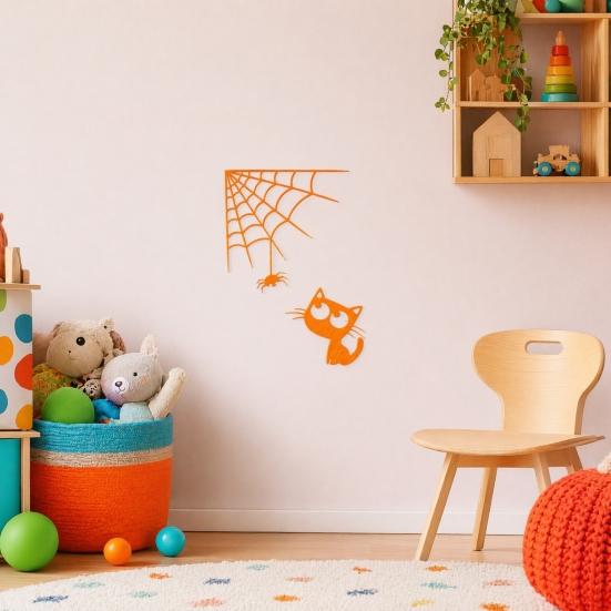 3D Printed Spider Web Cat Wall Decor, Orange Halloween Hanging Ornament, Spooky Cute Spider Cat Figure for Home Party Decoration