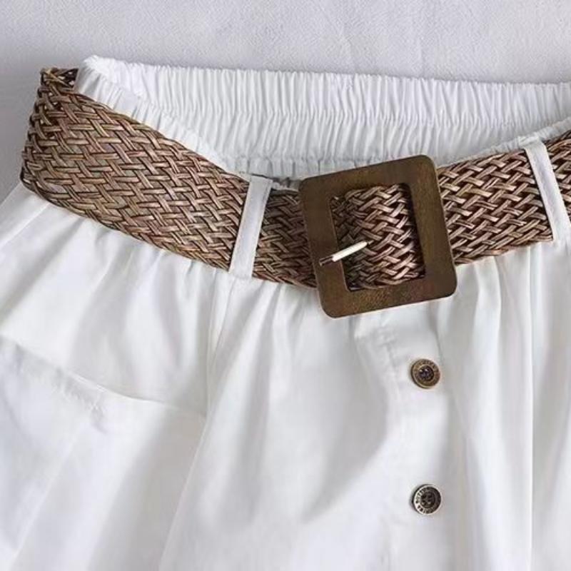 Damen Frühling Sommer Gewaschene Baumwolle A-Linien Röcke Elastischer High-Waist Rock Tasche Gürtel Uni Lang Schlitzsaum Alleskönner Röcke Gürtel senden