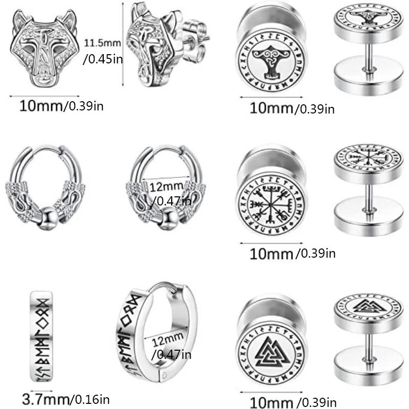 1/6Pairs Set 18G Viking Rune Round Stud Earrings for Women Men, 316L Stainless Steel Cartilage Tragus Helix Piercing Jewelry
