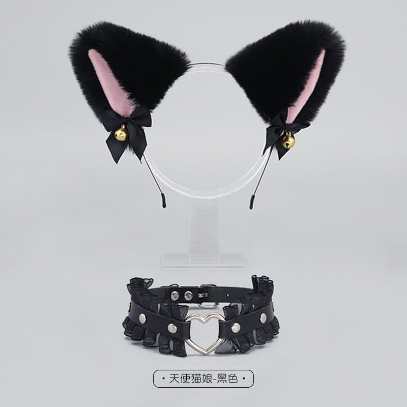 Handmade Lace Bow Choker With Bell Pendant Animal Ear Headband Set Lolita Style