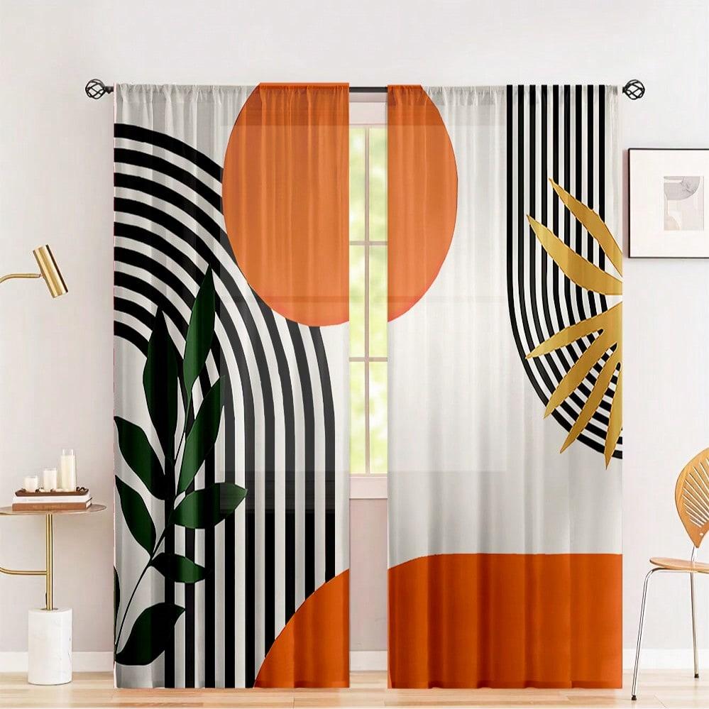 2 Pieces Boho Artistic Curtains - Modern Geometric Design With Black   Beige And Gold Accents - Semi-Sheer   Machine Washable
