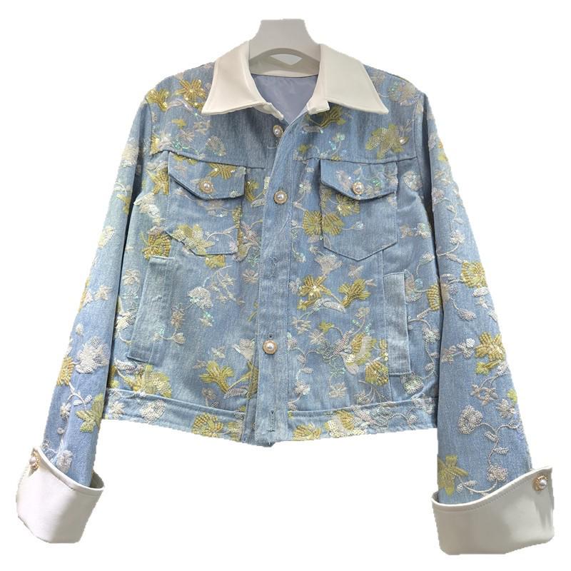 European 2026 Spring Embroidered Sequin Beaded Color Block Denim Jacket