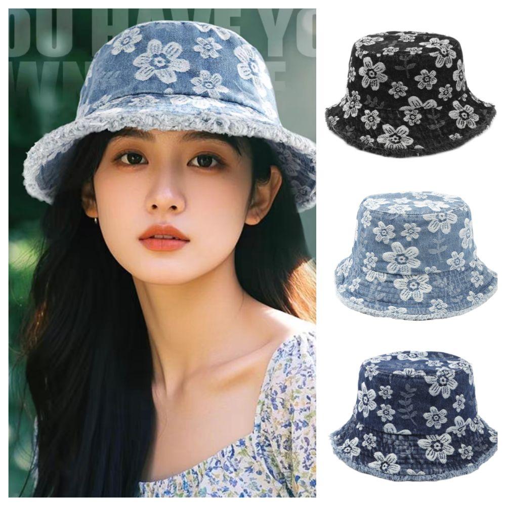 Frayed Brim Cowboy Bucket Hats Flower Embroidered Sunscreen Sun Cap Denim Fisherman Hat  Holiday