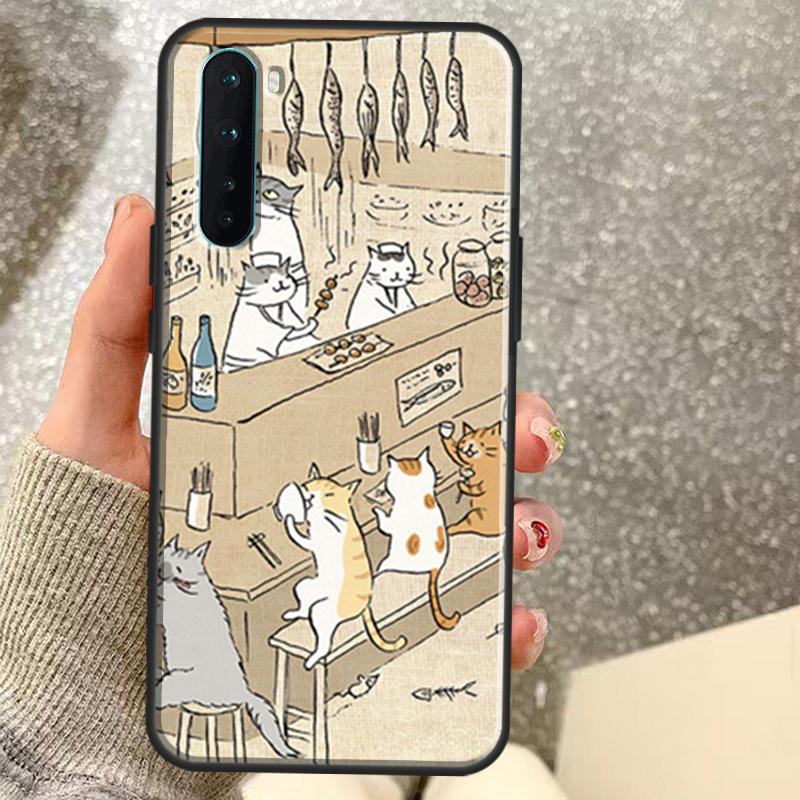 Japanese Cat Drink Pattern Case For OnePlus 15 13 12 11 10 10R 12R 13R 15R 13T 10T 8T Nord 5 CE 2 3 4 Lite N20 N30 Coque