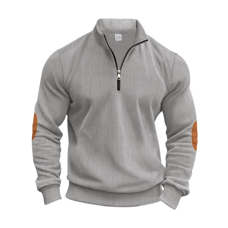 New Men's Autumn Casual Corduroy Solid-Colour Elbow-Patch Zip-Up Hooded Sweatshirt with Stand-Up Collar