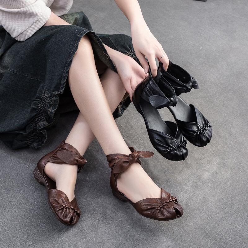 Fashion GKTINOO Retro Women Sandals 2025 Summer High-top Genuine Leather Peep Toe Flat Sandals Women Comfortable Casual Shoes