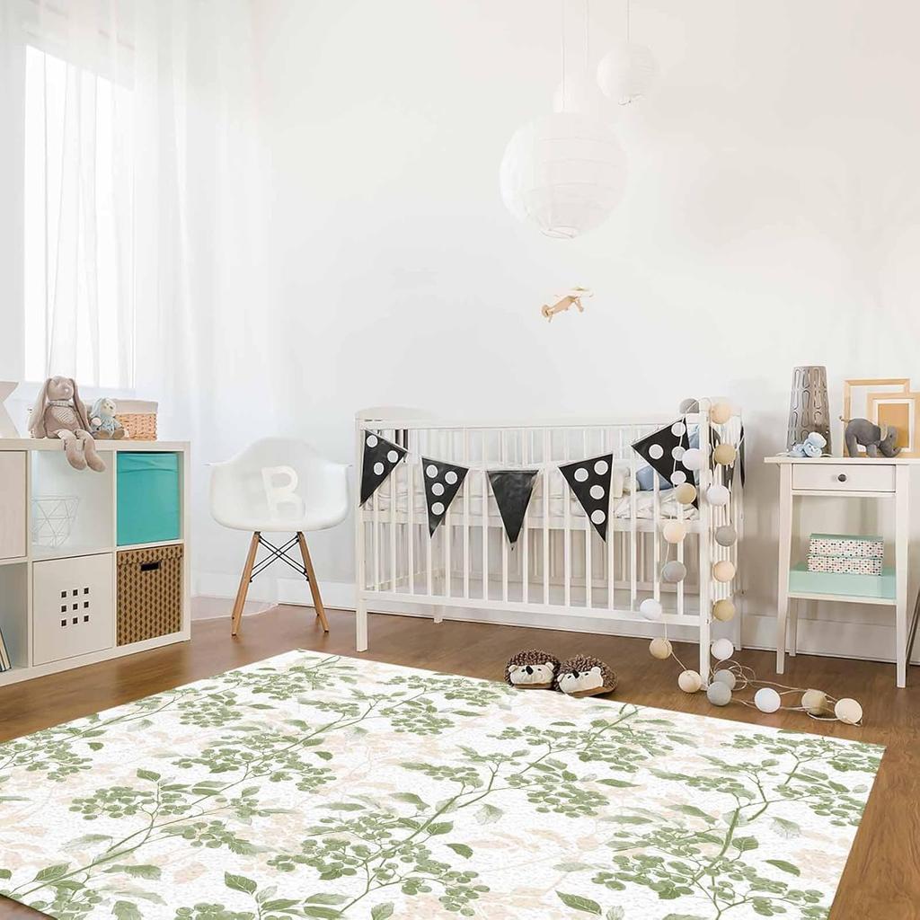Green Fruit Washable Area Rugs Plant Nature Vintage Botanical Non Slip Rugs for Living Room Bedroom, Low Pile Floor Mat Large