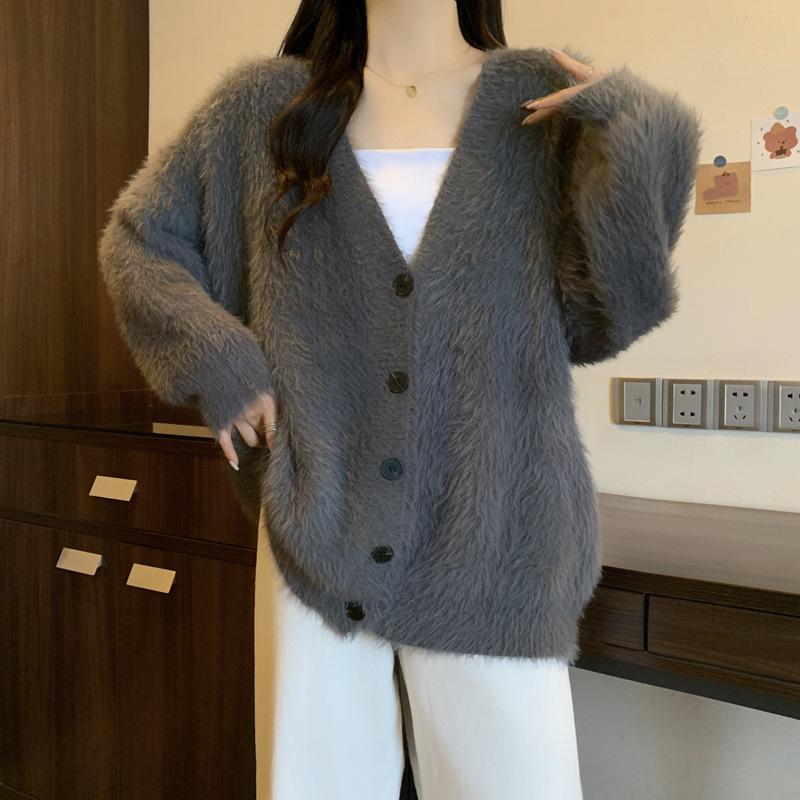 Soft Waxy Solid Color Gentle Wind Imitation Mink Velvet V-neck Knitted Cardigan Women's Autumn and Winter New Loose Lazy Sweater Jacket