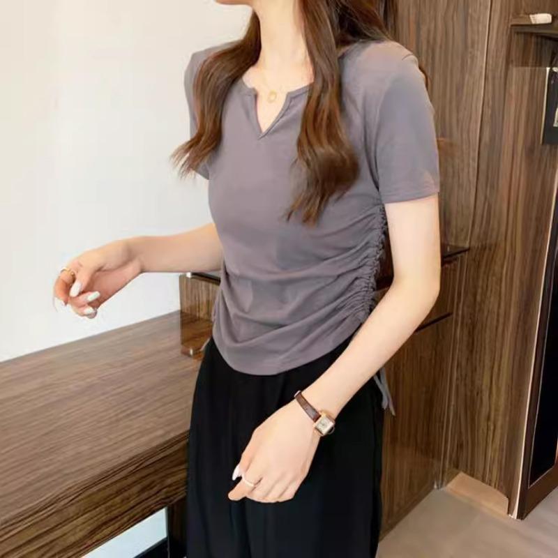 

Designed V-neck Drawstring Slim Fit Pure Lust Style Short-sleeved Summer New Solid Color Student Top Trend 2XL сірий