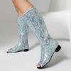 European and American Spring and Summer New  Boots Denim Sequined Thick Heel Fish Mouth High Boots Cool Boots