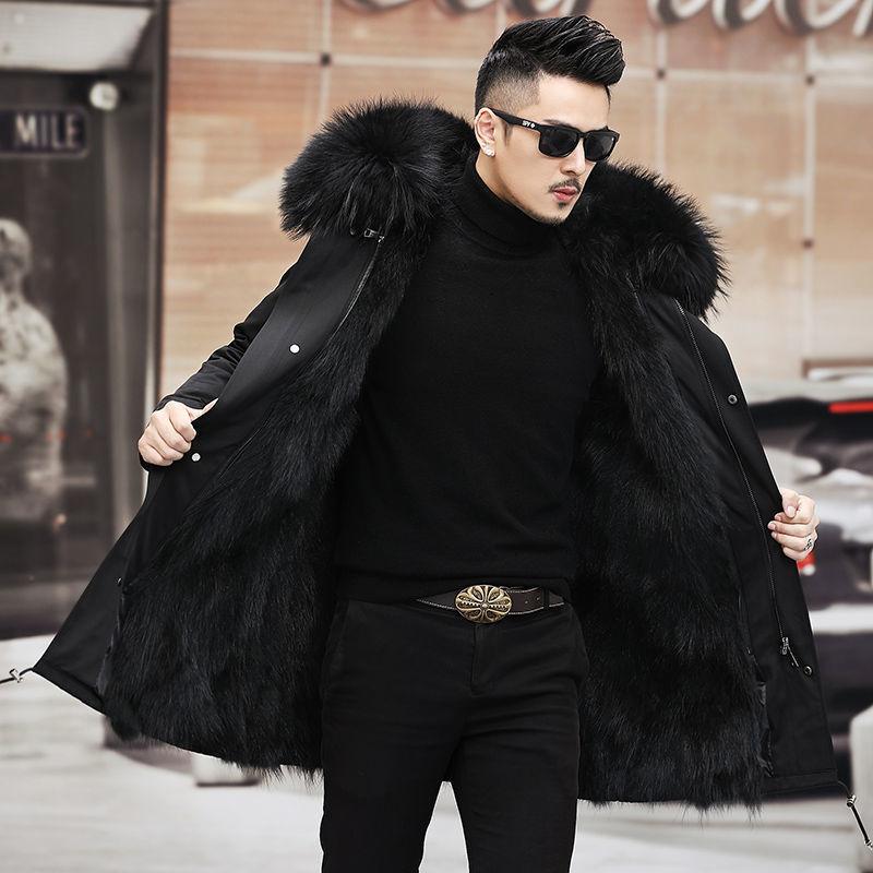 Pie overcome men's winter medium and long fur integrated winter thickened imitation fox fur jacket