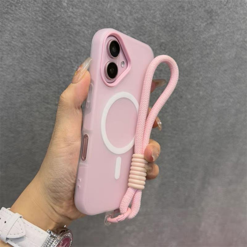 Candy Cute Skin Feel 2 in 1 Magnetic Phone Case for iPhone 11 12 13 14 15 16 17 Pro Max Plus Hand Wrist Strap Matte Cover