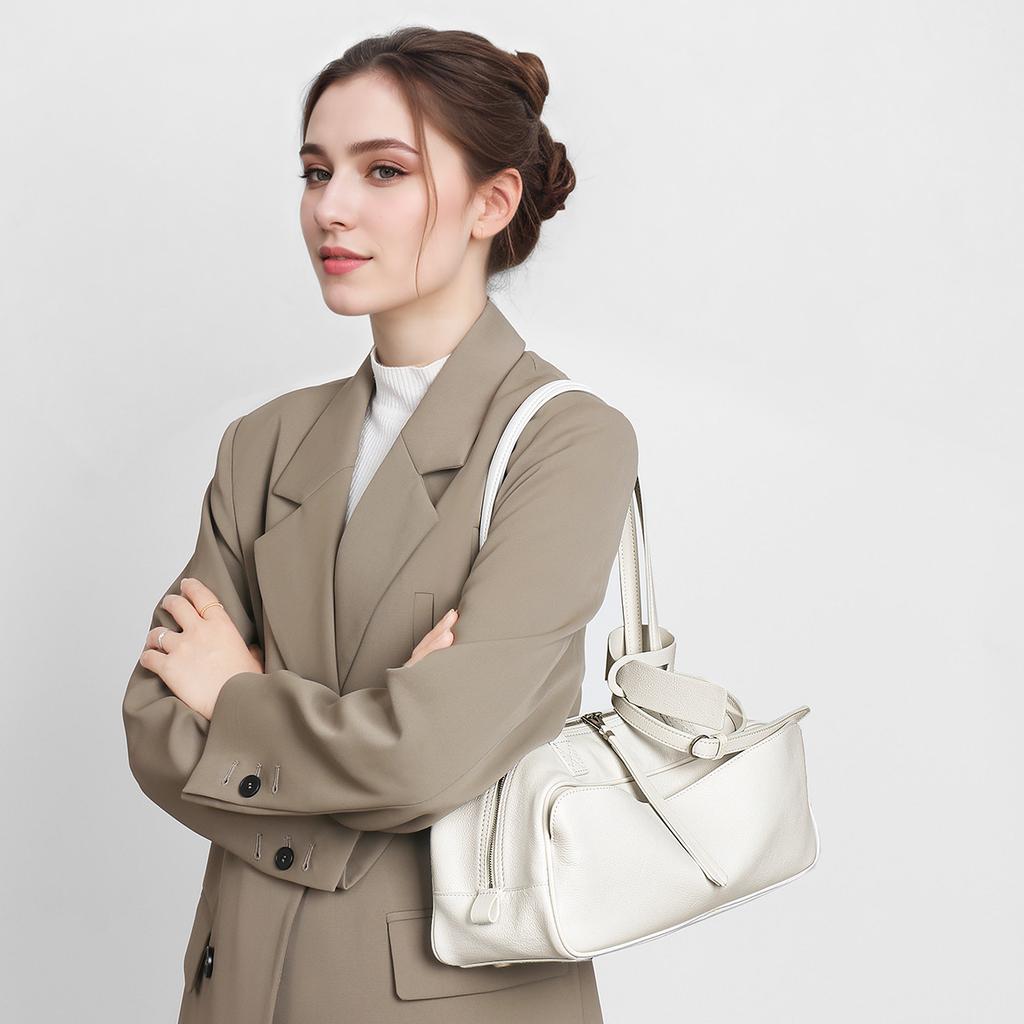 2025 Genuine Coow Leather Suede Bowling Bag Minimalist Luxury Boston Bag Women's Versatile Commuter Top-Handle Shoulder Bag