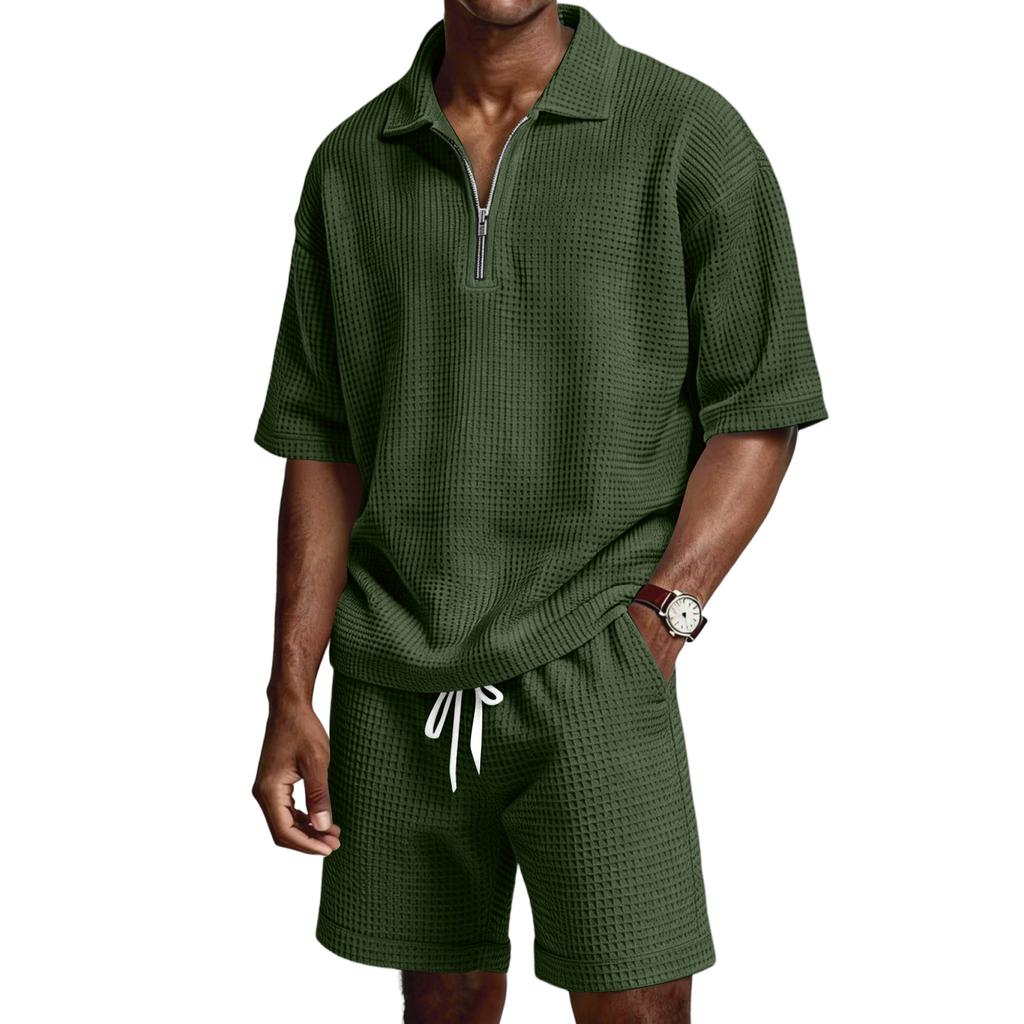 Men's Summer -color Quarter-zip Casual Loose Short-sleeved Short Pants Set