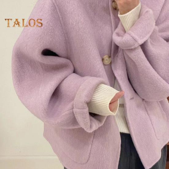 Fall Winter Women Jacket Crew Neck Single-breasted with Side Pockets Loose Short Type Woolen Jacket Shopping Commuting Daily Coat