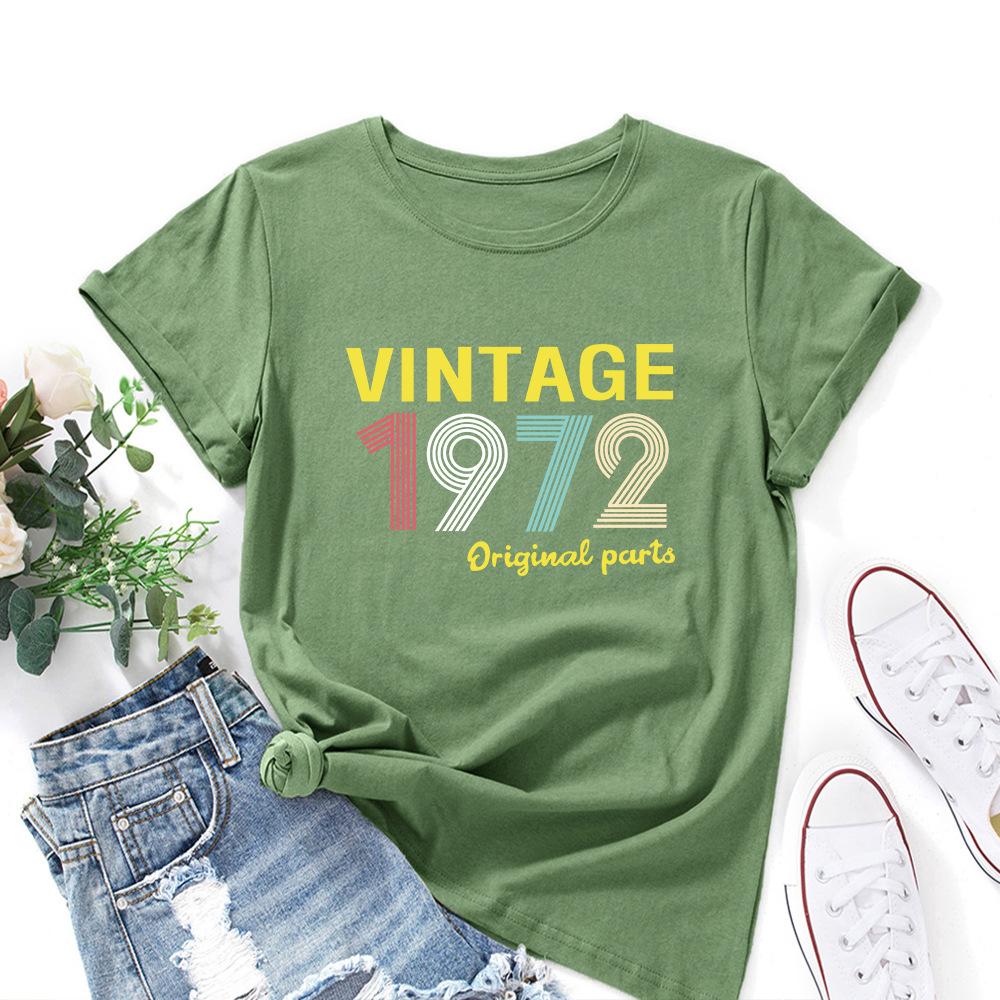 1972 Vintage Alphabet Cotton T-Shirt Short Sleeve Round Neck Women 2d Print Tops