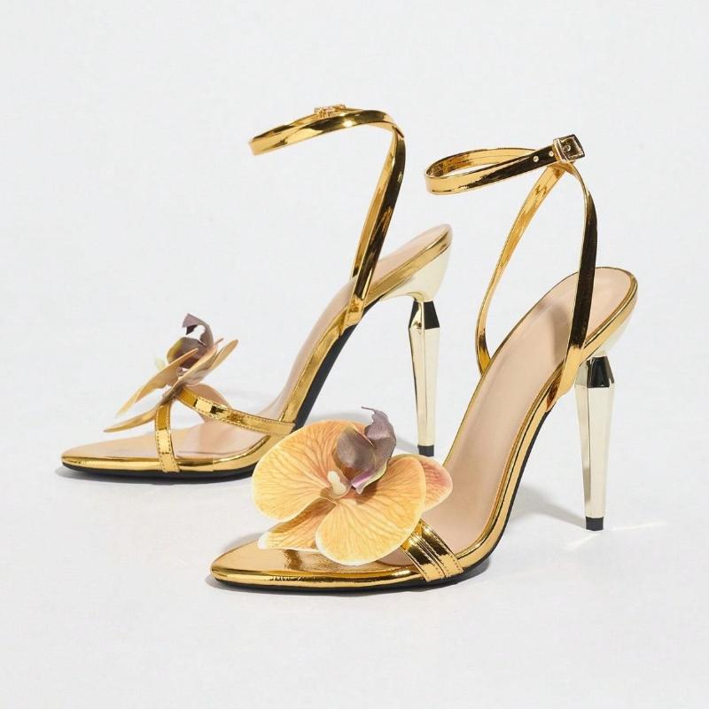 Strange Style Women's Heeled Footwear Ladies Orchid Narrow Band Open Toe Ankle Strap Sandals Slim Heel Party Dress Shoes