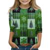 Christmas Day Print Tops For Youth Girls 4-11 Years Round Neck 3/4 Sleeves T-Shirts Trendy Tops Outfit Tees