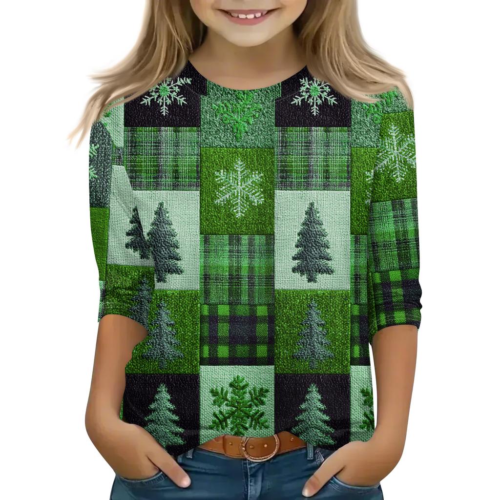Christmas Day Print Tops For Youth Girls 4-11 Years Round Neck 3/4 Sleeves T-Shirts Trendy Tops Outfit Tees