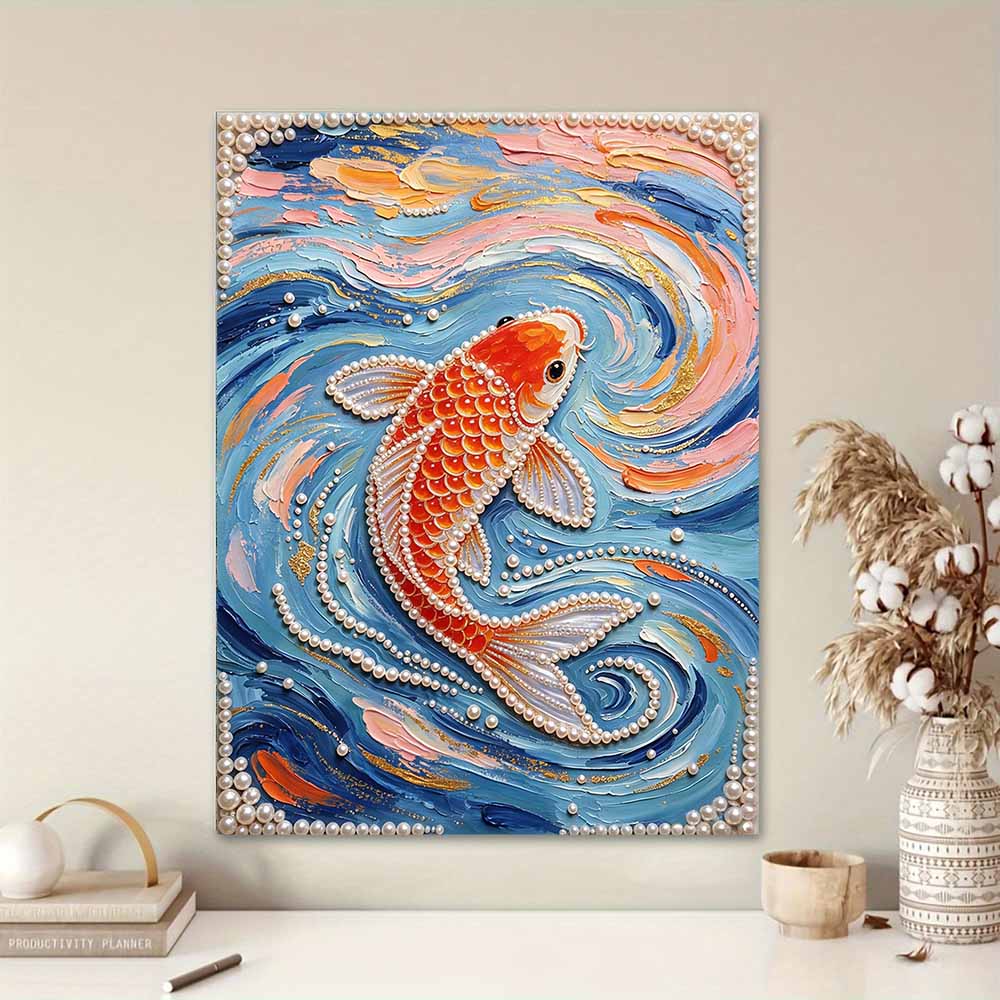 Frameless Pearl Painting Kit Koi Fish Pattern DIY 3D Bead Canvas Art Relaxing Leisure Craft for Adults Wall Decor Gift