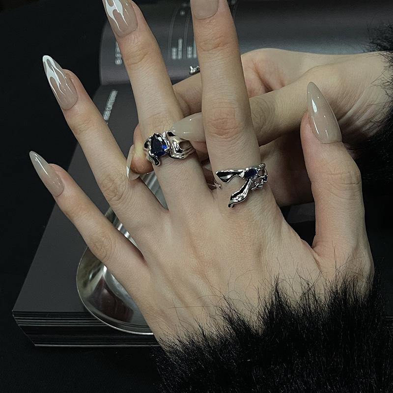 Aquamarine Crown French Open Ring Niche Design High Fashion Jal Personality Light Luxury Ring Women