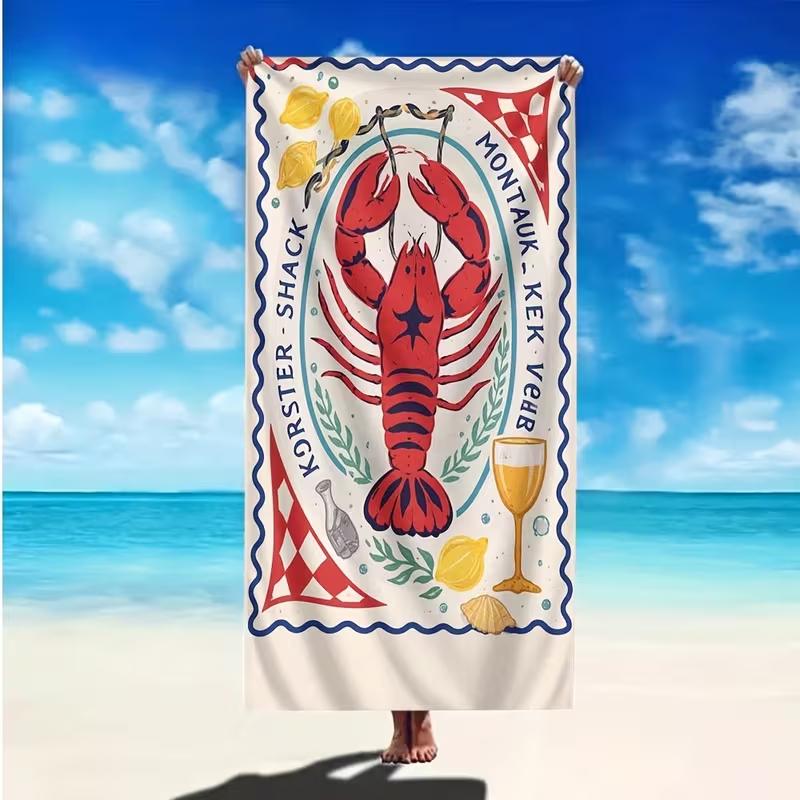Cute Orange Crab Print Beach Towel Geometry Striped Nautical Design Quick Dry Soft Absorbent Sand Free Towel for Summer Pool