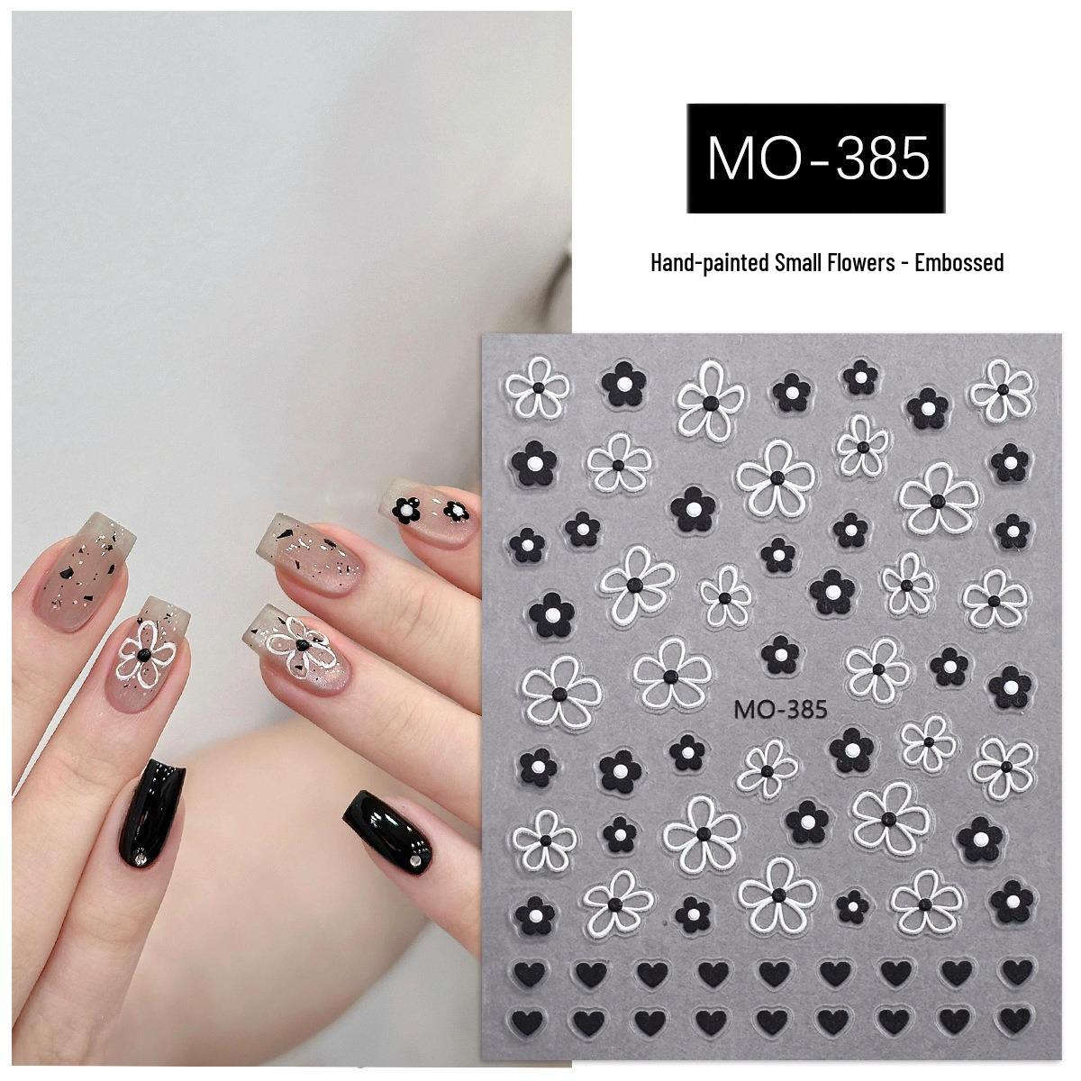 Black & White Floral 3D Embossed Nail Stickers with Adhesive Backing