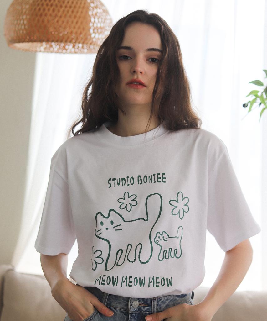 BONIEE Meow Cat Kitten Graphic Loose Oversized T-Shirt White